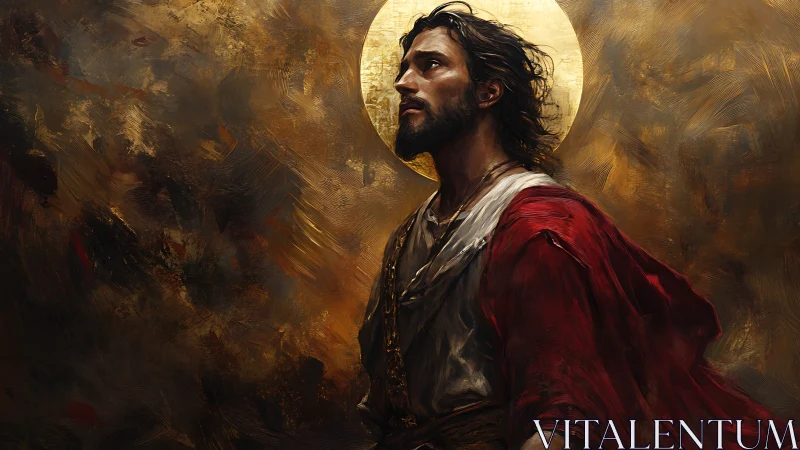 Dramatic haloed figure rendered in luminous oil-style brushwork