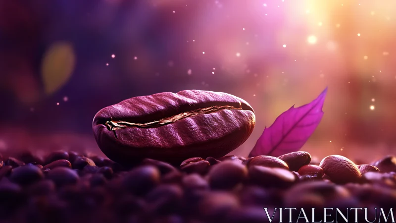 Macro roasted coffee bean with bokeh glow and magenta leaf