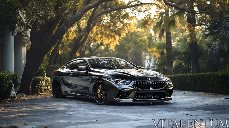 Black BMW coupe parked on tree lined driveway at sunset.