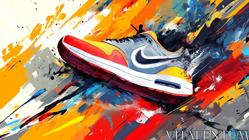Dynamic sneaker explodes through abstract color field.