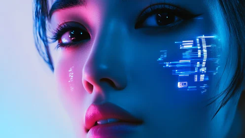 Digital portrait depicts cybernetic face with projected data