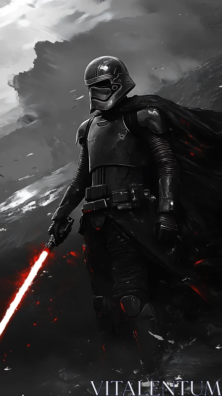 Armored dark warrior holds red energy blade on wasteland