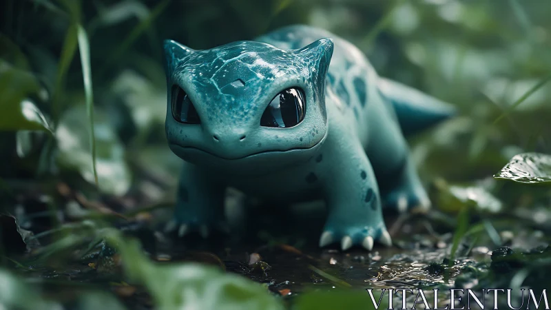 Tiny teal creature explores glossy forest floor. Period.