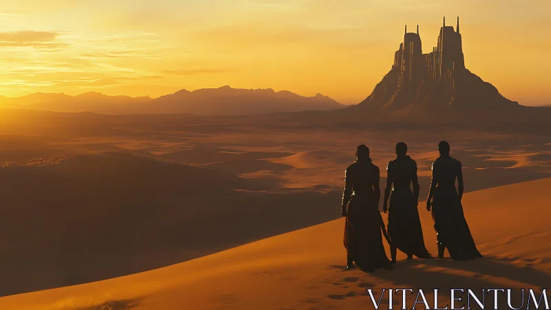 Four robed figures on desert dunes facing distant rock citadel.