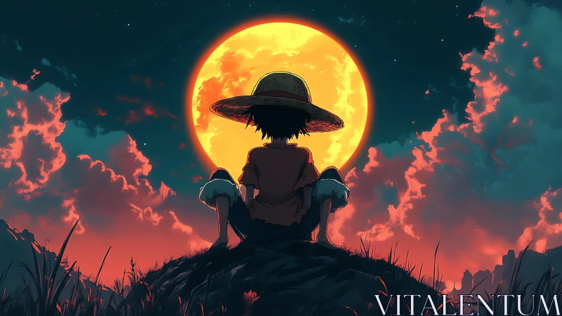 Silhouetted anime figure observes oversized moon at twilight