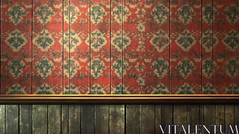 Cozy vintage wall with warm patterned panels and wood trim.