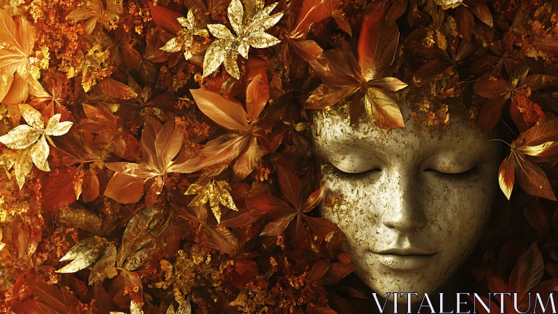 Autumnal stone visage immersed in golden foliage tapestry.