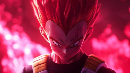 Intense anime warrior portrait in red glowing background.