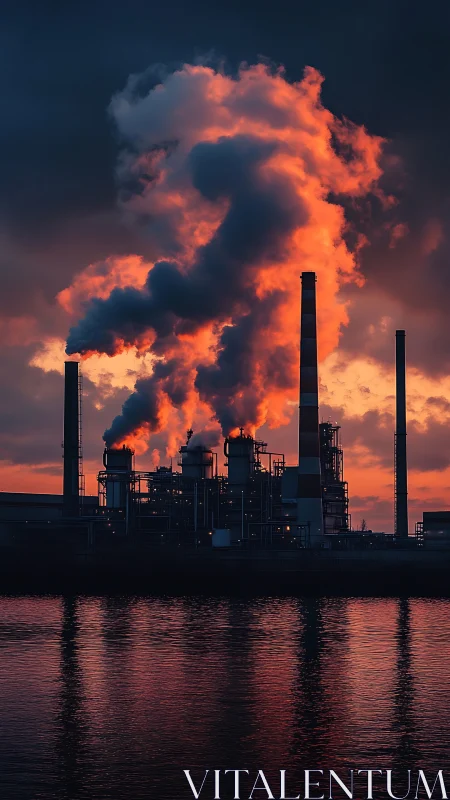 Fiery factory smokestacks pour clouds into sunset sky.