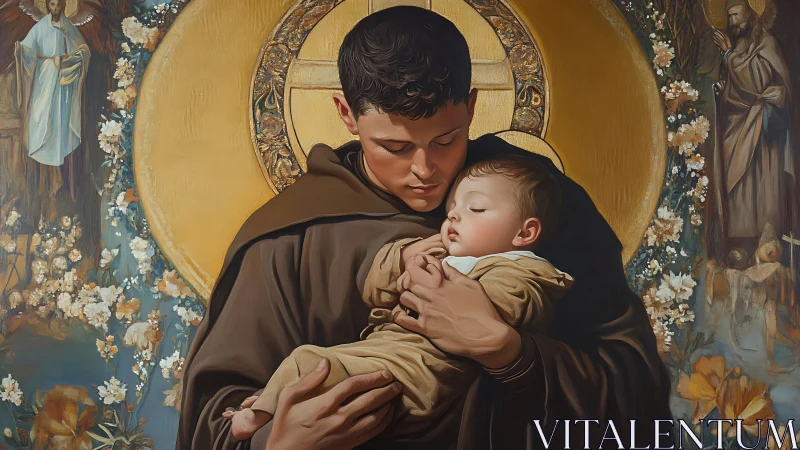 Tender monk cradling sleeping child amid golden haloed icons.