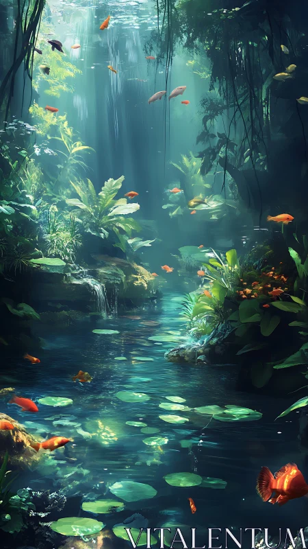 Subsurface rainforest stream with volumetric light and koi dynamics.