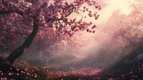 Dreamy cherry blossom valley glowing in soft sunset light.