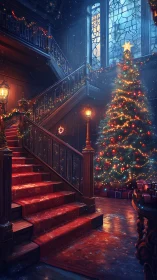 Illuminated staircase and spectral Christmas tree interior study.