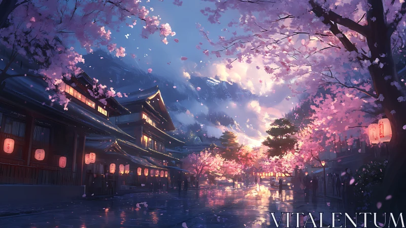 Twilight cherry blossoms illuminate a tranquil Kyoto street.