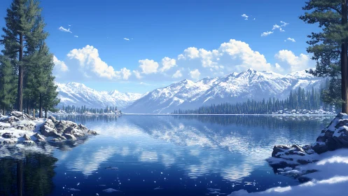 Winter-blue lake cradled by bright snowcapped mountains.