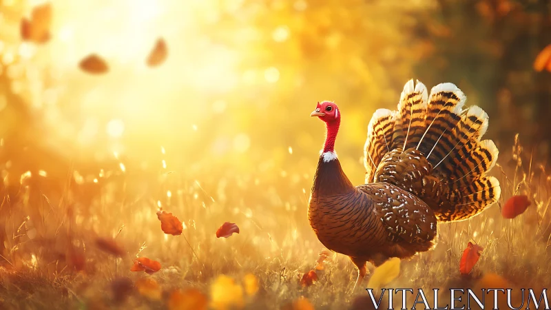 Wild turkey glows in golden autumn sunset meadow light