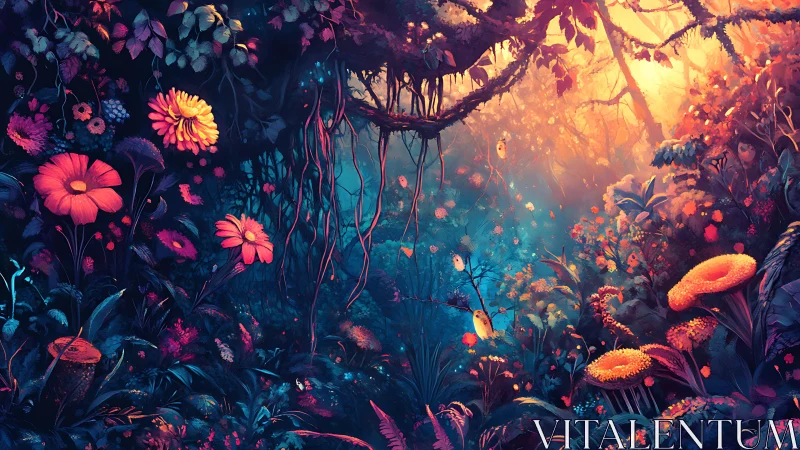 Luminescent Garden: Dark Forest with Glowing Blooms.