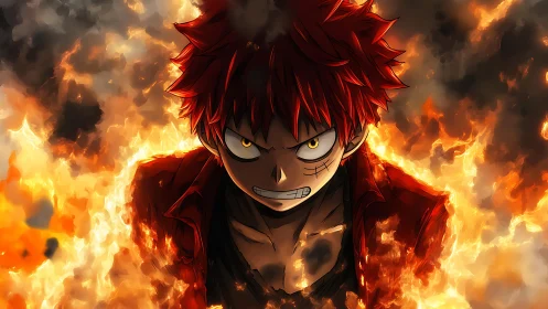 Inferno-eyed anime fighter strides through raging wildfire blaze.