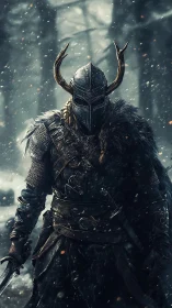 Armored horned warrior standing in snowy forest scene.