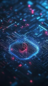 Cyber lock icon glows on stylized digital circuit board