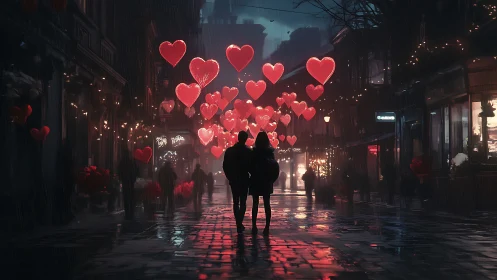 Neon Hearts Rain Urban Romance Street.