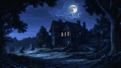 Moonlit cottage glows softly amid a dark enchanted forest.