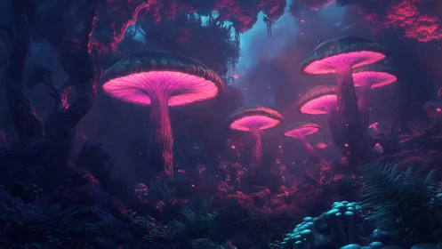 Bioluminescent mushrooms glow inside dense alien forest