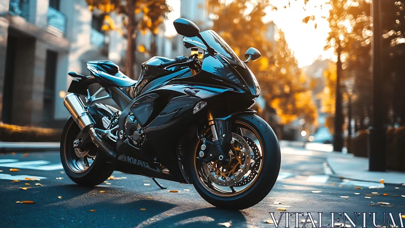 Photorealistic sport motorcycle in autumn urban streetscape.