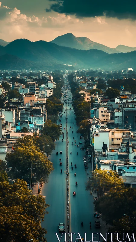 Sunlit mountain city avenue stretches toward hazy peaks.