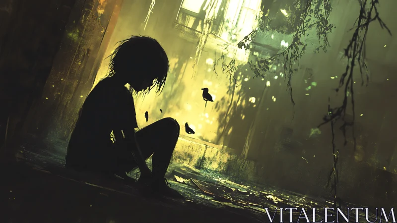 Silhouetted child in decayed atrium under spectral green light.