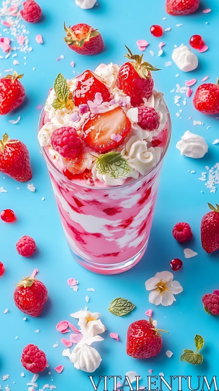 Strawberry raspberry parfait in tall glass on bright blue background.