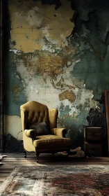 Yellow reading chair dreams beneath a timeworn world map wall