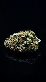 Cannabis flower bud isolated on reflective black surface.