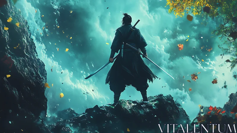 Lone samurai with dual katanas overlooking misty chasm.