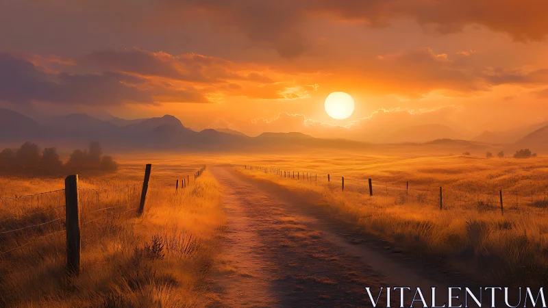 Golden country road beneath an expansive burning sunset.