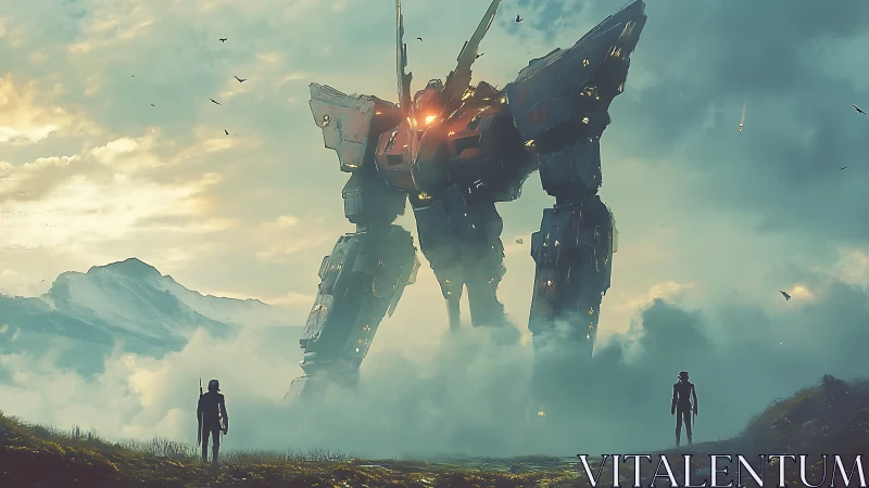 Colossal sunrise mech greeting explorers in misty valley.