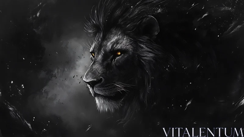 Midnight lion with ember eyes in swirling cosmic shadows.