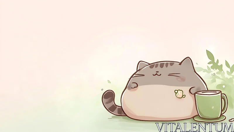 Stylized Cat Character with Tea Cup and Foliage