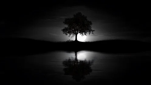 Solitary tree silhouette before full moon over water.