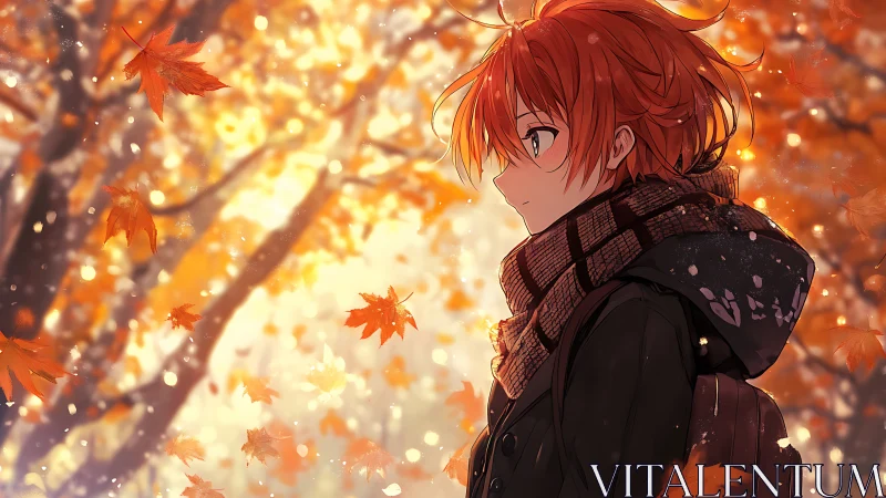 Side profile of red-haired anime figure in autumn forest.