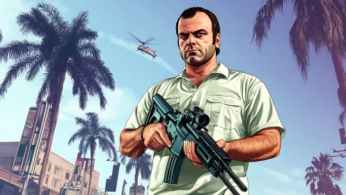 Armed tough figure beneath sunlit palms in stylized cityscape.