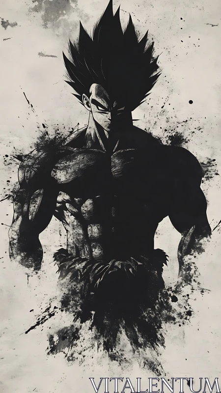 Monochrome warrior silhouette emerges from splattered ink