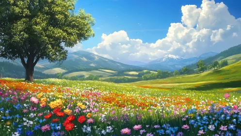 Sunlit wildflower symphony beneath drifting mountain clouds.