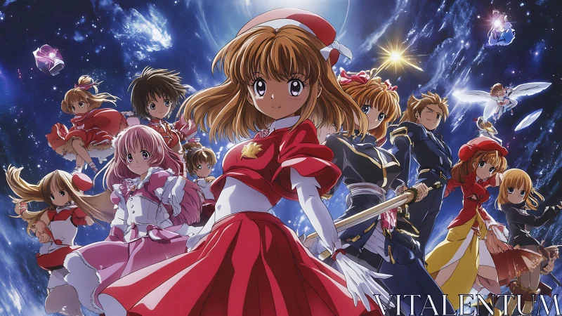 Magical girl heroes soar through a glittering cosmic sky