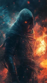 Hooded fire mage commands blazing elemental fury in darkness.