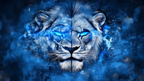 Electric blue lion portrait with glowing neon eyes.