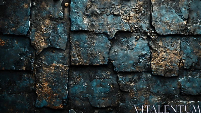 Weathered metallic stone wall texture in dark blue and gold tones.
