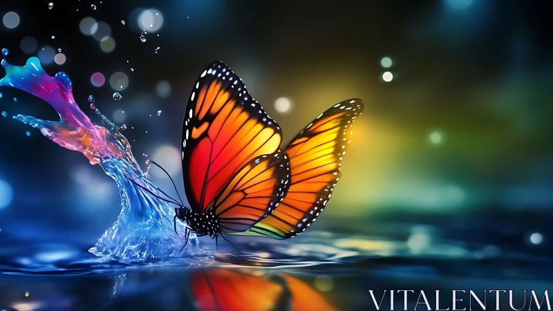 Chromatic butterfly impact with refractive splash dynamics.