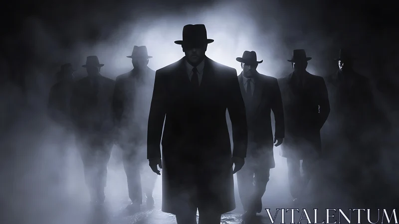 Men in trench coats walk through dense fog in silhouette.