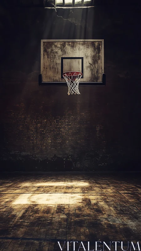 Rustic hoop glows in dusty sunbeams on a worn court floor.